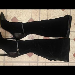 Black leather and suede knee high boots